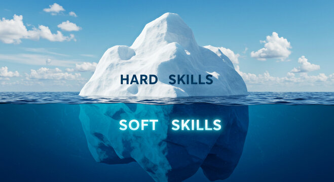 An iceberg illustration showcasing the contrast between visible hard skills above water and hidden soft skills beneath, emphasizing the importance of both in personal and professional development.