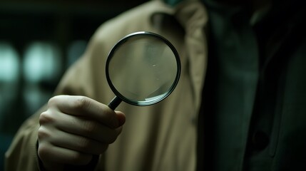 A hand holds a magnifying glass for investigation