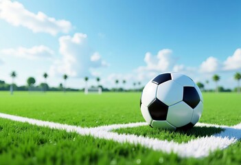 Soccer ball on green grass field with white lines and goal in distance