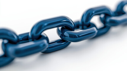 Fototapeta premium close up view of blue metallic chain link, showcasing its glossy surface and interlocking design. This highlights strength and durability of chain materials