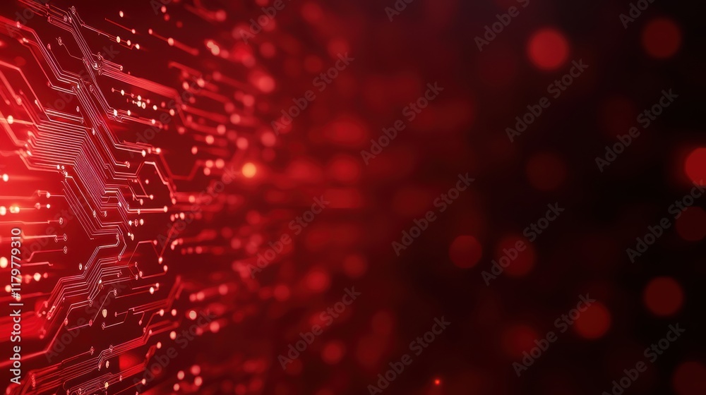 Poster illuminated circuit board with bright red lights highlighting intricate patterns of technology in a 
