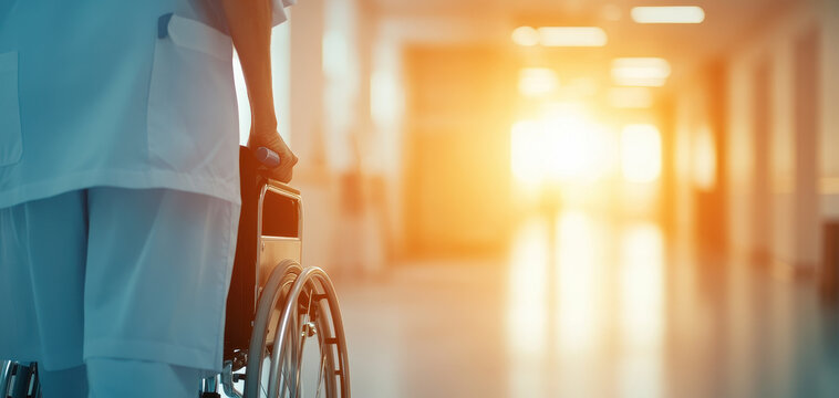 Nurse assisting elderly patient with wheelchair in hospital corridor, showcasing care and compassion in warm, illuminated environment