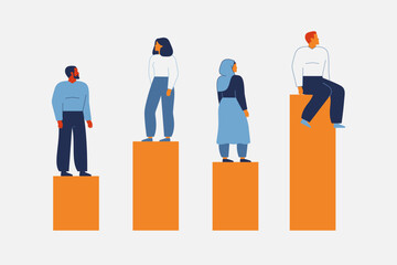 People are on different levels. Men and women has unequal positions, rights, income, social inclusion. Representation persons in business and gap in career growth opportunity. Vector