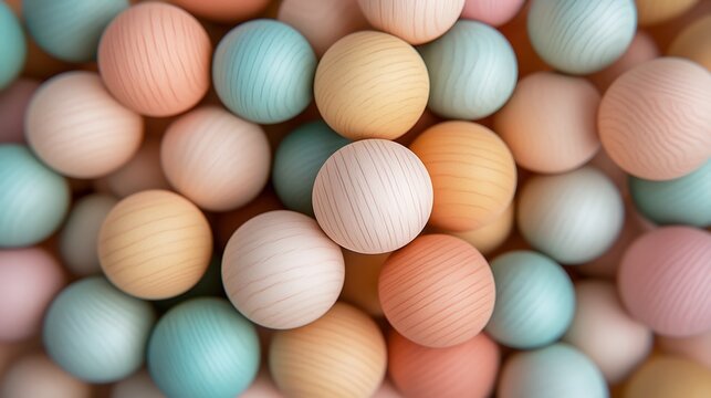 Wooden balls in natural and pastel colors placed in a random pile