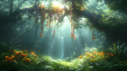 Fototapeta premium Enchanted Forest: Sunbeams Illuminate Lush Greenery and Colorful Blossoms