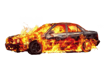 Car on fire color sketch engraving, a dramatic depiction of motion and intensity. PNG transparent background.