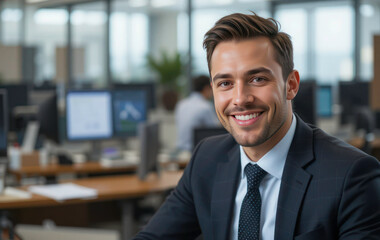 Portrait of a Confident and Smiling Handsome Businessman in a Coworking Office - Professional Male Executive Looking at Camera