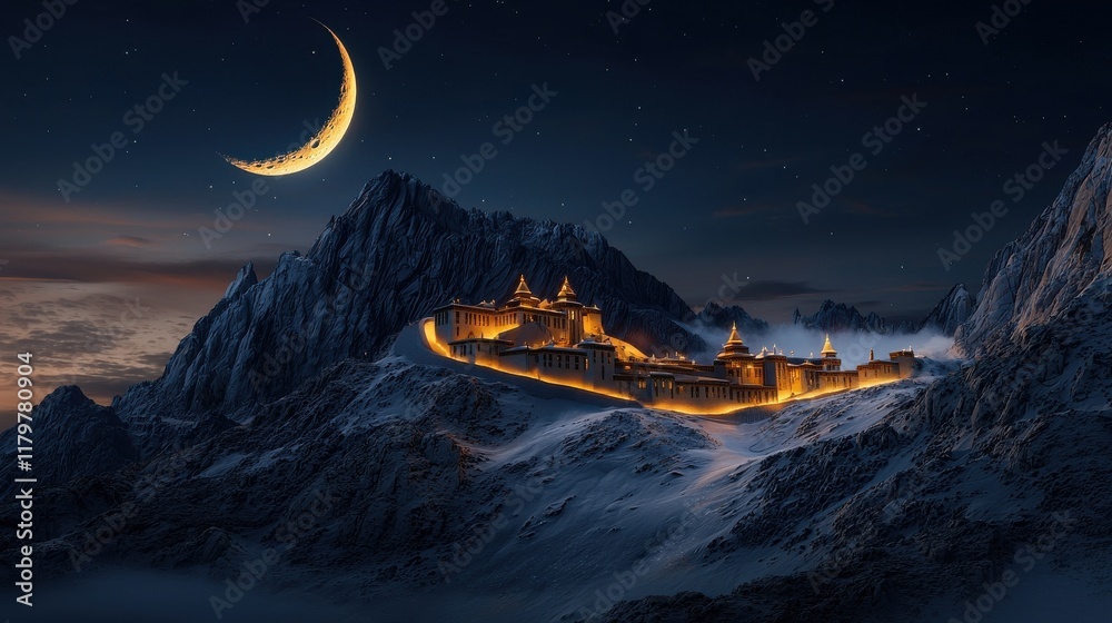 Poster a serene mountain monastery glowing softly under the light of a crescent moon