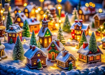Macro Christmas Village Snow Scene: Festive Winter Wonderland Detail