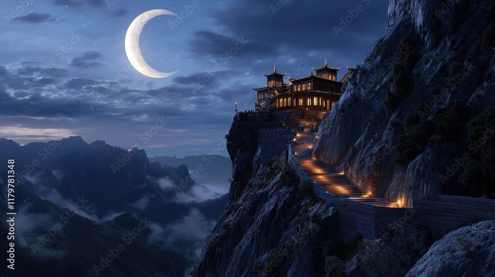Poster a serene mountain monastery glowing softly under the light of a crescent moon
