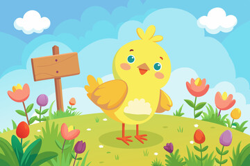 Cute Cartoon Yellow Chick in a Spring Meadow – Adorable Bird Illustration with Floral Background