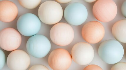 A harmonious mix of natural and pastel wooden balls on a clean surface