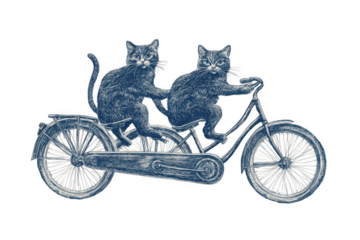 Cats on tandem bike sketch, whimsical and fun, merging playfulness with transportation. PNG transparent background.