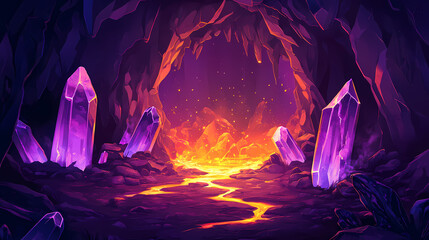 A fiery cavern with glowing crystals and a molten stream, creating a dramatic atmosphere. Glowstone. Illustration