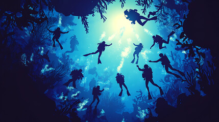 Fototapeta premium Divers exploring an underwater scene filled with coral and marine life.