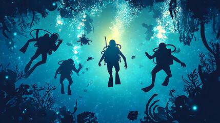Obraz premium Silhouetted divers exploring an underwater world filled with marine life and coral.