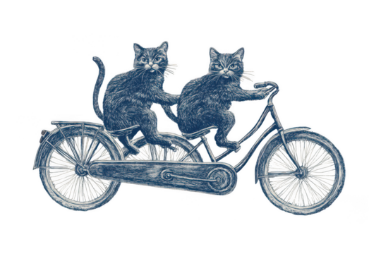 Cats on tandem bike sketch, whimsical and fun, merging playfulness with transportation. PNG transparent background.