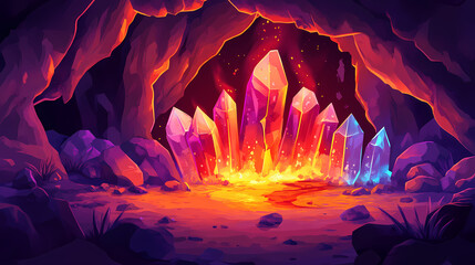 A fiery cavern with glowing crystals and a molten stream, creating a dramatic atmosphere. Glowstone. Illustration