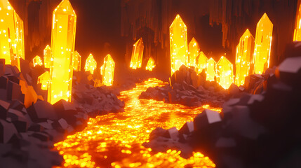 A fiery cavern with glowing crystals and a molten stream, creating a dramatic atmosphere. Glowstone. Illustration
