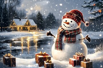 Snowman at Night with Lit Cottage