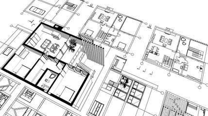 house architectural project sketch 3d illustration