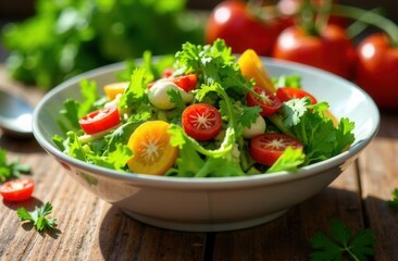fresh vegetable salad with vibrant greens and colorful toppings on a wooden table