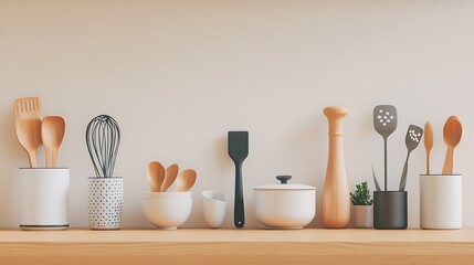 Tiny cooking utensils and dishes displayed on a wooden surface