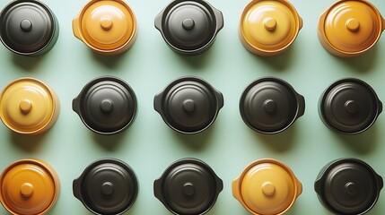 Tiny cooking pots arranged symmetrically with soft shadows