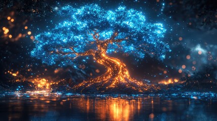 Fototapeta premium Glowing Blue Tree Night Landscape, Magical Forest Fire Reflection, Fantasy Art, Game Design.
