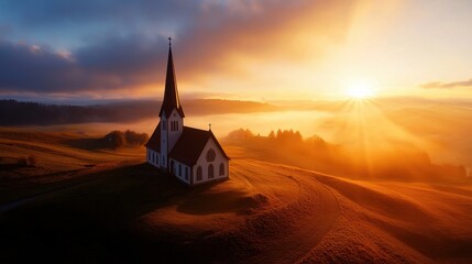 Obraz premium A spiritual sunrise illuminating a quiet countryside church and its steeple