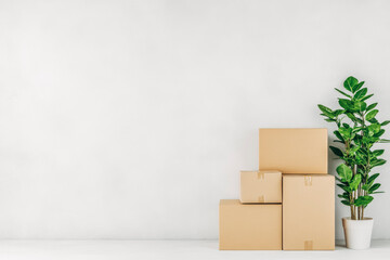 Minimalist interior design with stacked cardboard boxes and green plant