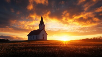 Fototapeta premium A spiritual sunrise illuminating a quiet countryside church and its steeple