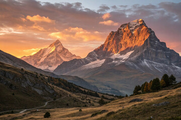 Obraz premium Golden light streaming between two peaks as the sun sets
