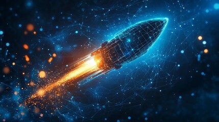 Futuristic rocket launching into space, vibrant orange and blue hues.