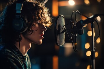 Young man recording music in a sound studio with ambient lighting during an evening session