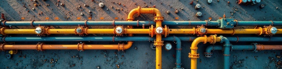 Aerial view of complex oil pipeline infrastructure, intricate, overhead