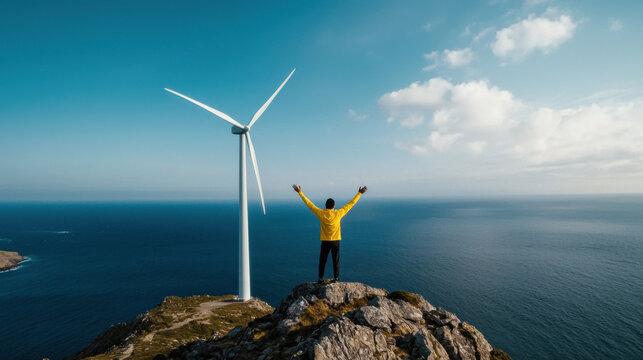 technician celebrates at offshore wind turbine, showcasing renewable energy - Powered by Adobe