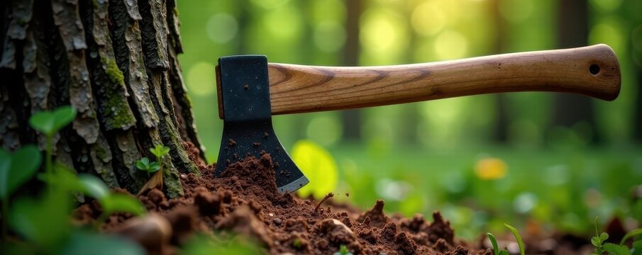 Axe bites into tree, sawdust flies, forest clearing, tree, industry
