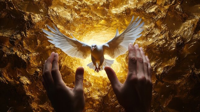 A symbolic image of hands releasing a dove into a radiant golden sky