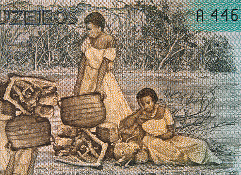Two women cooking outdoors on Brazilian 200 Cruzeiros (1981) banknote