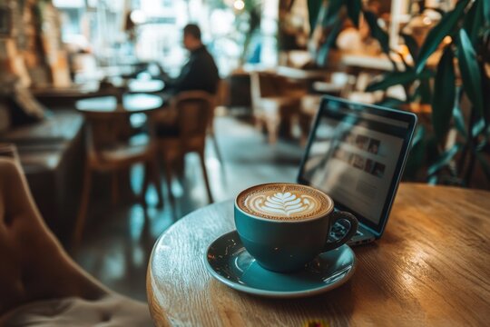 Cozy coffee shop setting with latte art and laptop on a wooden table in the morning