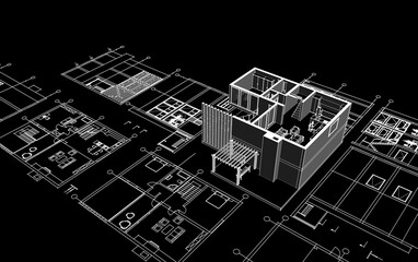 house architectural project sketch 3d illustration