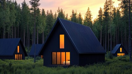 Charming Black Cabins Nestled in Lush Green Forest Surrounded by Tall Trees Creating a Peaceful Rustic Retreat Atmosphere