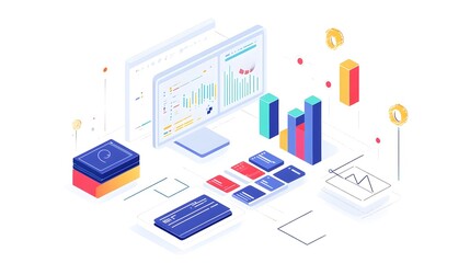 Obraz premium Isometric illustration of a person working at a desk with analytics dashboards, charts, and digital tools for data analysis and business intelligence.data analysis, business intelligence, digital work