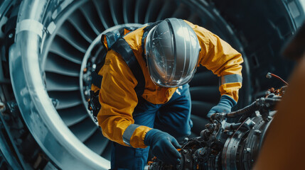 Maintenance engineer working on aircraft engine, focused and skilled