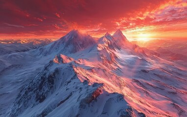 Fototapeta premium A dramatic aerial view of icy cliffs and snowy mountains under a vibrant red sunset