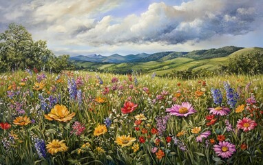 Obraz premium A lush meadow filled with vibrant wildflowers, with a background of rolling hills and a dramatic cloudy sky