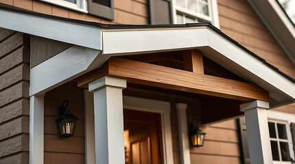 Close-up view of a house's porch, featuring light gray and white trim, a brown wooden beam, and gray columns. The house siding is brown.  Two exterior lights are visible.