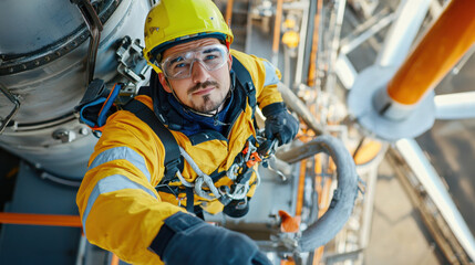 Maintenance engineer in safety gear climbing tall structure, focused and determined