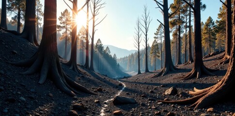 Obraz premium Blackened eucalyptus forest, ashes and debris, sunlit sky, extreme, fire